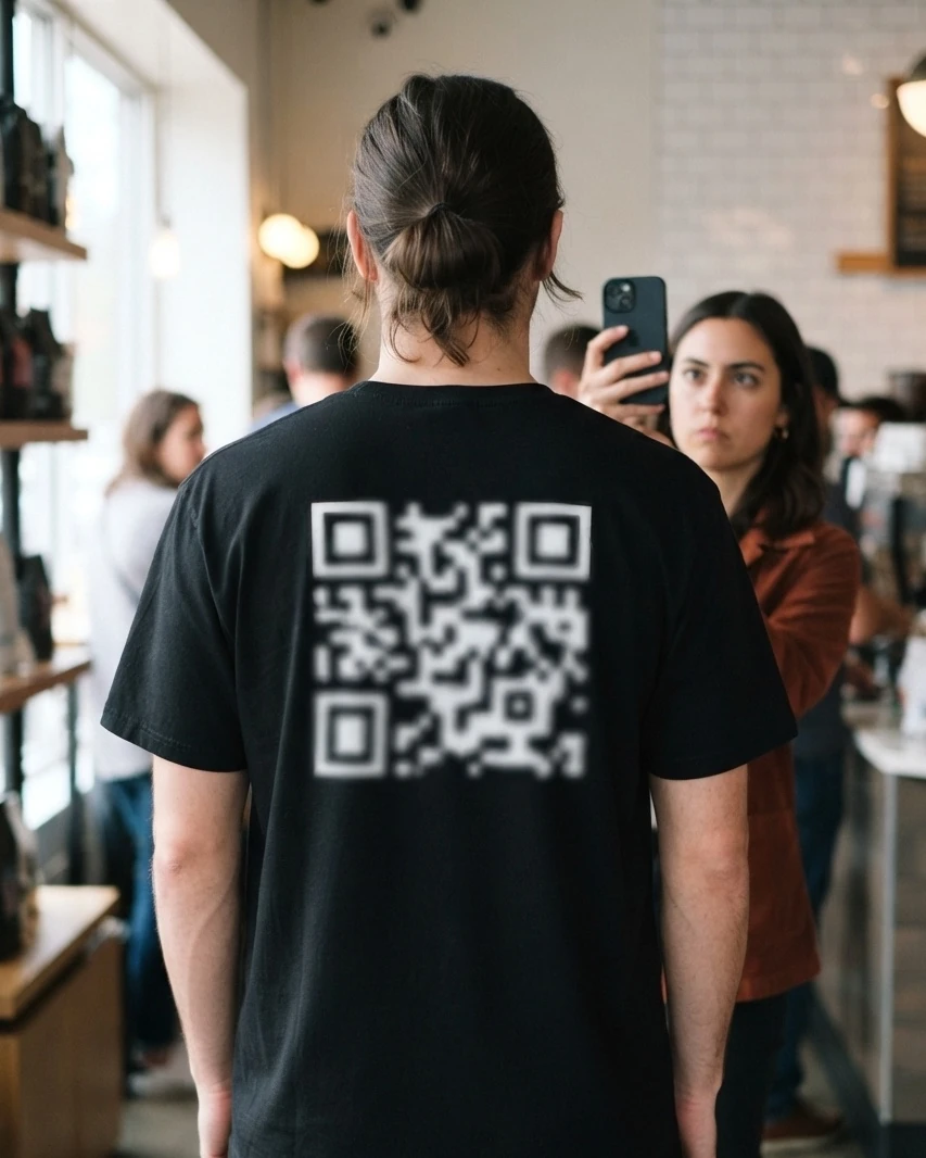 Seen from behind, a man in a plain black t-shirt waits in a coffee shop line. The only thing on the shirt is a large white code across his back. Behind him, a woman raises her phone toward it.